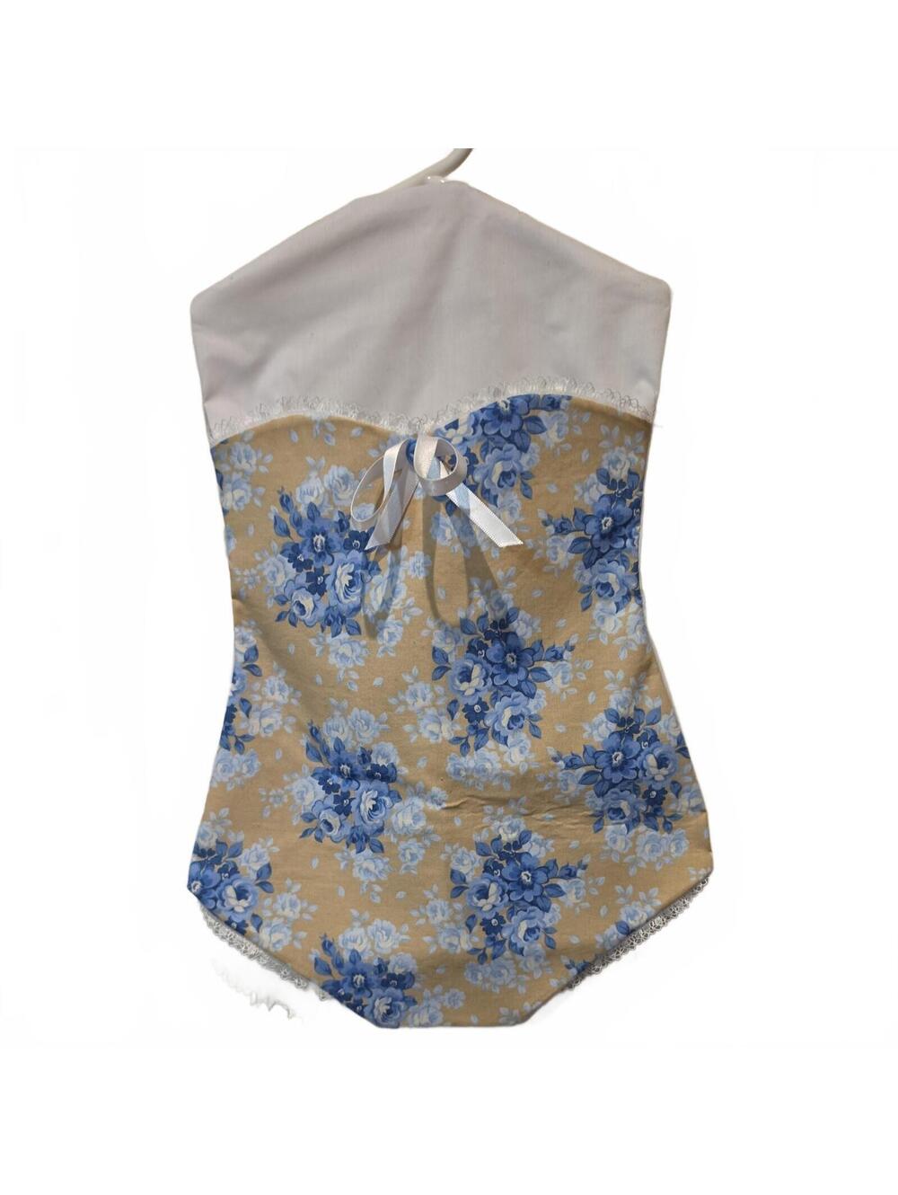 VTG Handmade Fabric Clothespin Holder Corset Style Blue and yellow floral